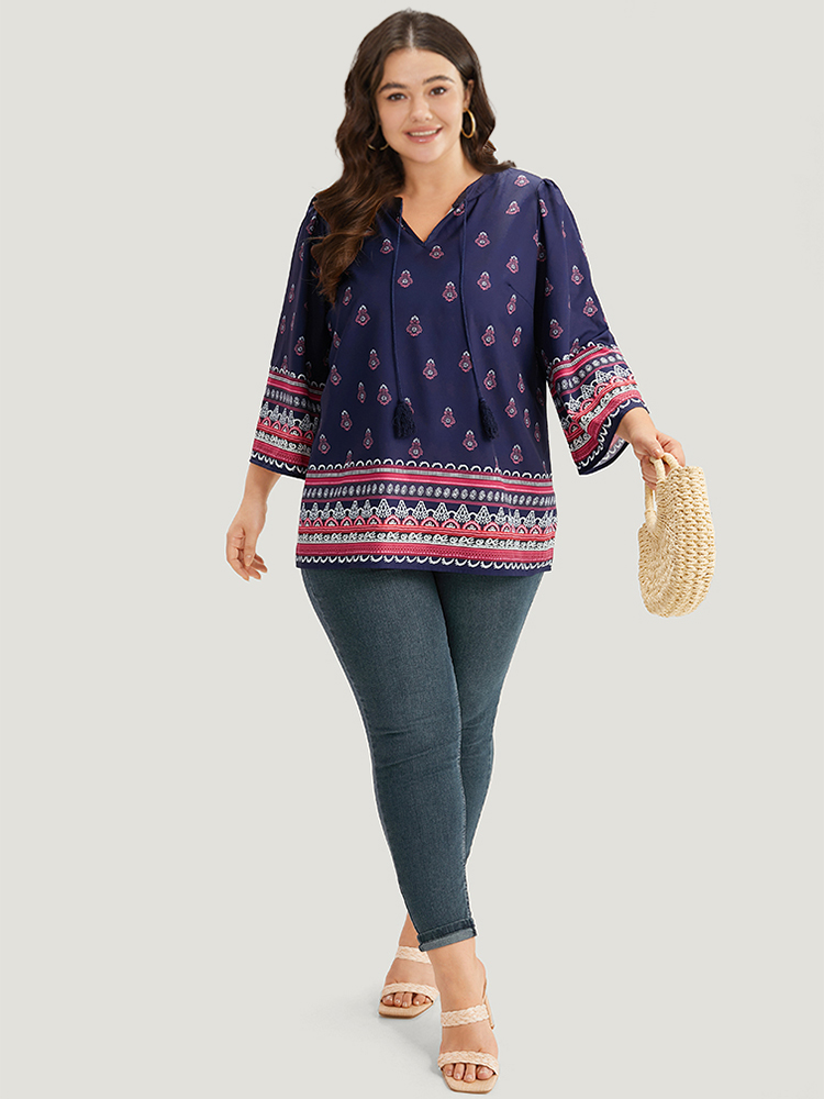 Plus Size Women Vacation Bohemian Print Printed Regular Sleeve Elbow-length sleeve V-neck Vacation Blouses BloomChic 