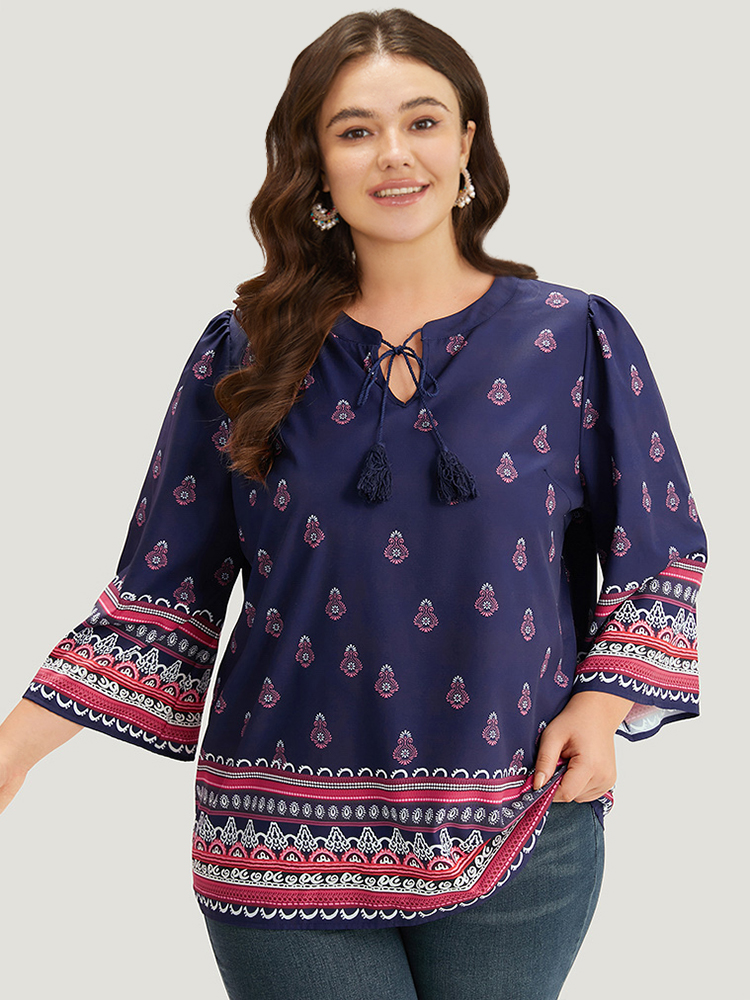 Plus Size Women Vacation Bohemian Print Printed Regular Sleeve Elbow-length sleeve V-neck Vacation Blouses BloomChic 