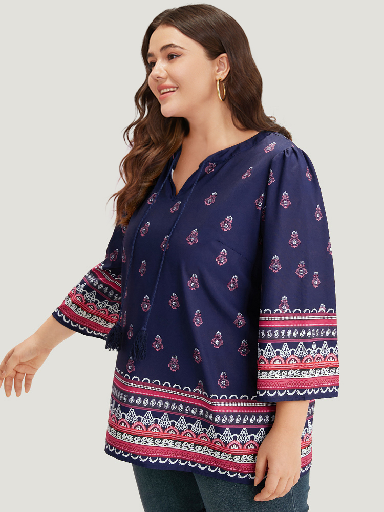 

Plus Size Indigo Boho Print Tie Neck Tassel Trim Blouse Women Vacation Elbow-length sleeve V-neck Vacation Blouses BloomChic
