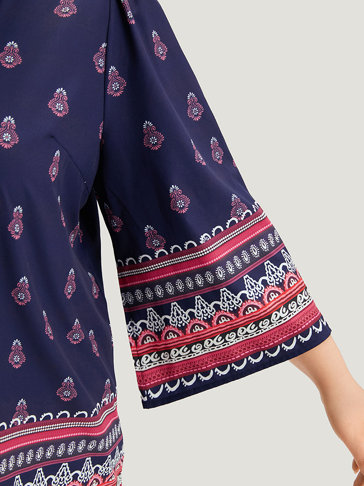 Plus Size Women Vacation Bohemian Print Printed Regular Sleeve Elbow-length sleeve V-neck Vacation Blouses BloomChic 