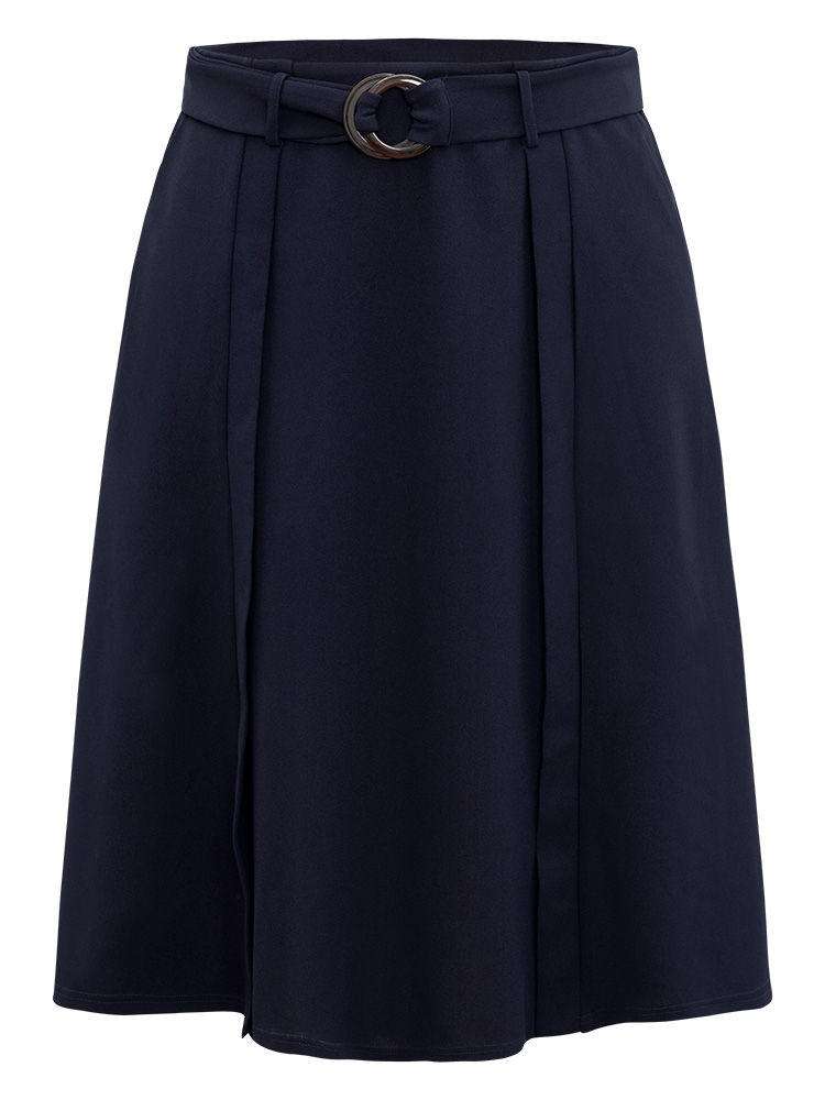 

Plus Size Plain Pocket Belted Buckle Detail Midi Skirt Women Indigo Office Plain No stretch Pocket Belt Work Skirts BloomChic