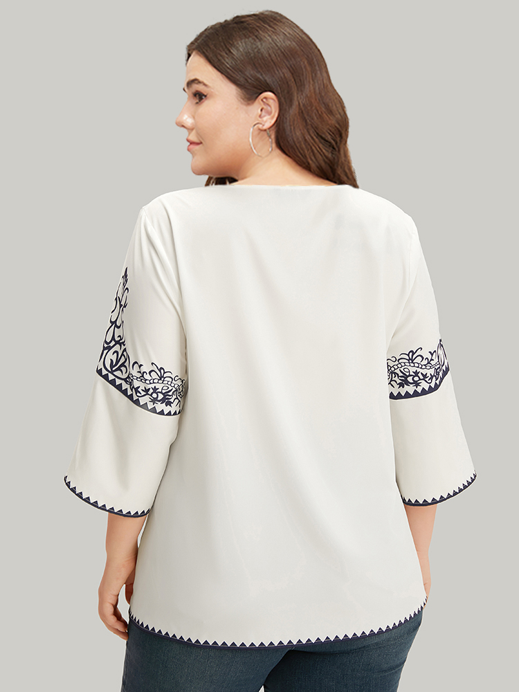 Plus Size WhiteSmoke Boho Print V Neck Petal Sleeve Blouse Women Vacation Elbow-length sleeve V-neck Dailywear Blouses BloomChic 28/5X 