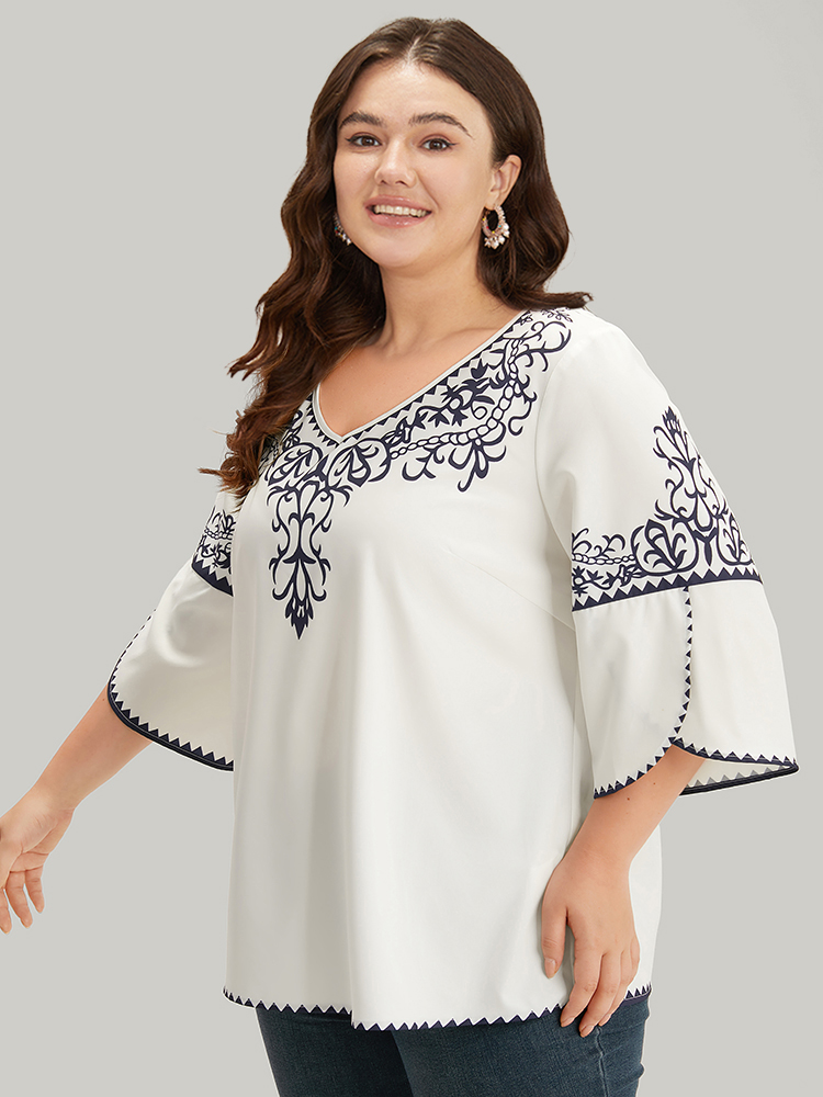 Plus Size WhiteSmoke Boho Print V Neck Petal Sleeve Blouse Women Vacation Elbow-length sleeve V-neck Dailywear Blouses BloomChic 28/5X 