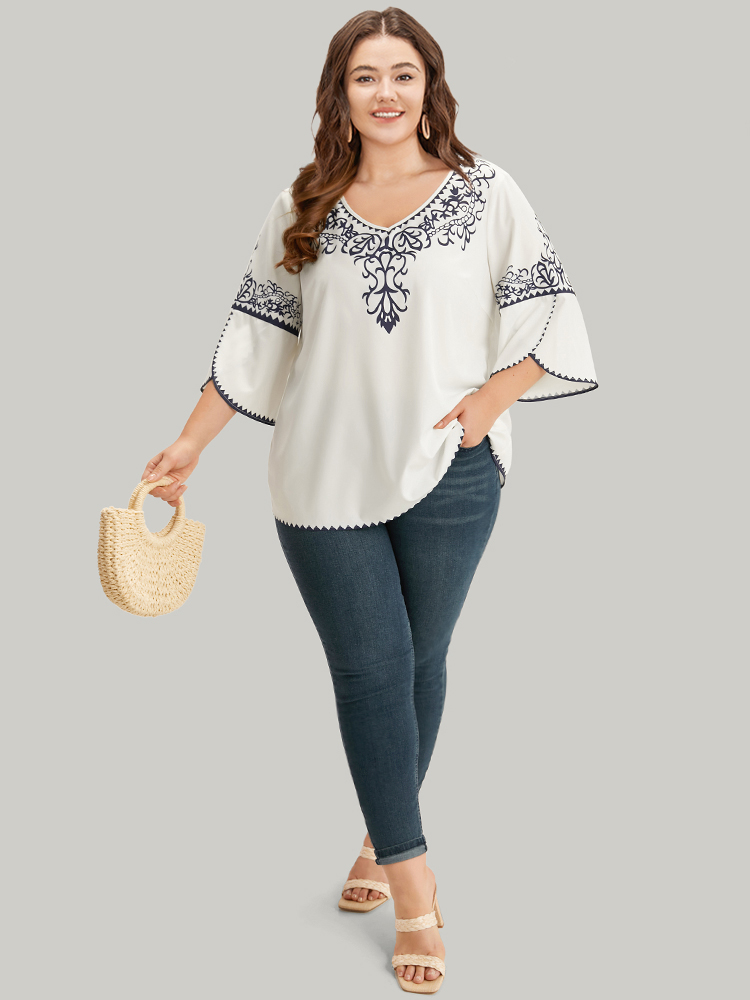 Plus Size WhiteSmoke Boho Print V Neck Petal Sleeve Blouse Women Vacation Elbow-length sleeve V-neck Dailywear Blouses BloomChic 28/5X 