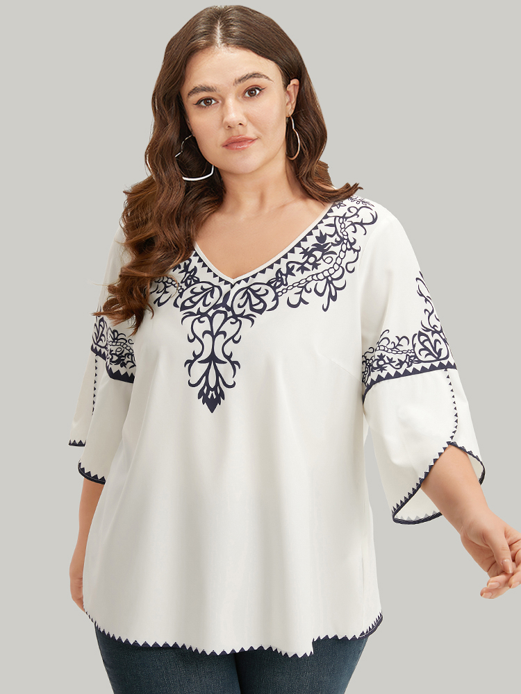 

Plus Size WhiteSmoke Boho Print V Neck Petal Sleeve Blouse Women Vacation Elbow-length sleeve V-neck Dailywear Blouses BloomChic