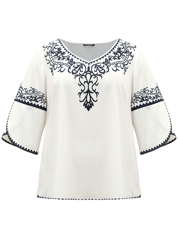 Plus Size WhiteSmoke Boho Print V Neck Petal Sleeve Blouse Women Vacation Elbow-length sleeve V-neck Dailywear Blouses BloomChic 28/5X 