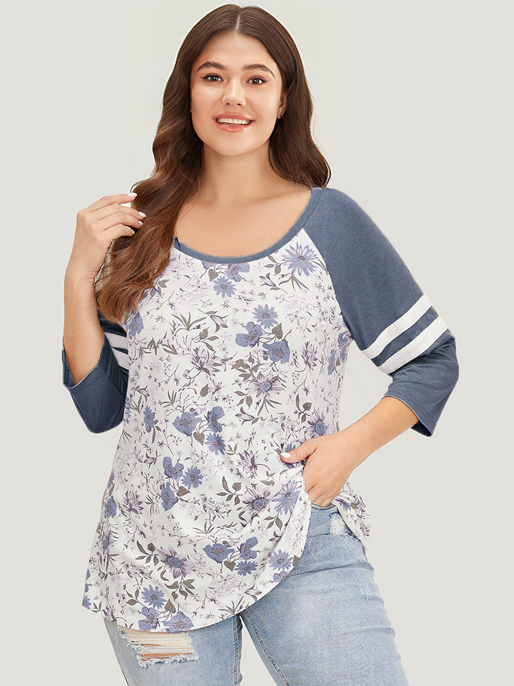 

Plus Size Floral Print Patchwork Raglan Sleeve T-shirt Indigo Women Casual Contrast Floral Round Neck Dailywear T-shirts BloomChic