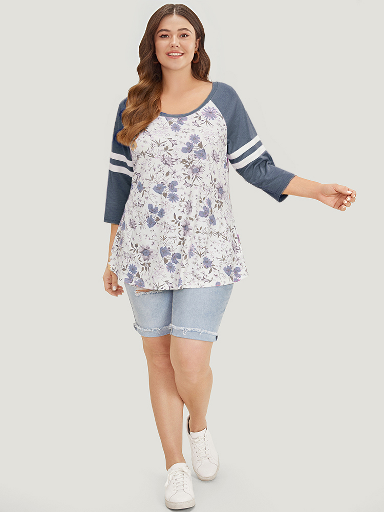 

Plus Size Floral Print Patchwork Raglan Sleeve T-shirt Indigo Women Casual Contrast Floral Round Neck Dailywear T-shirts BloomChic