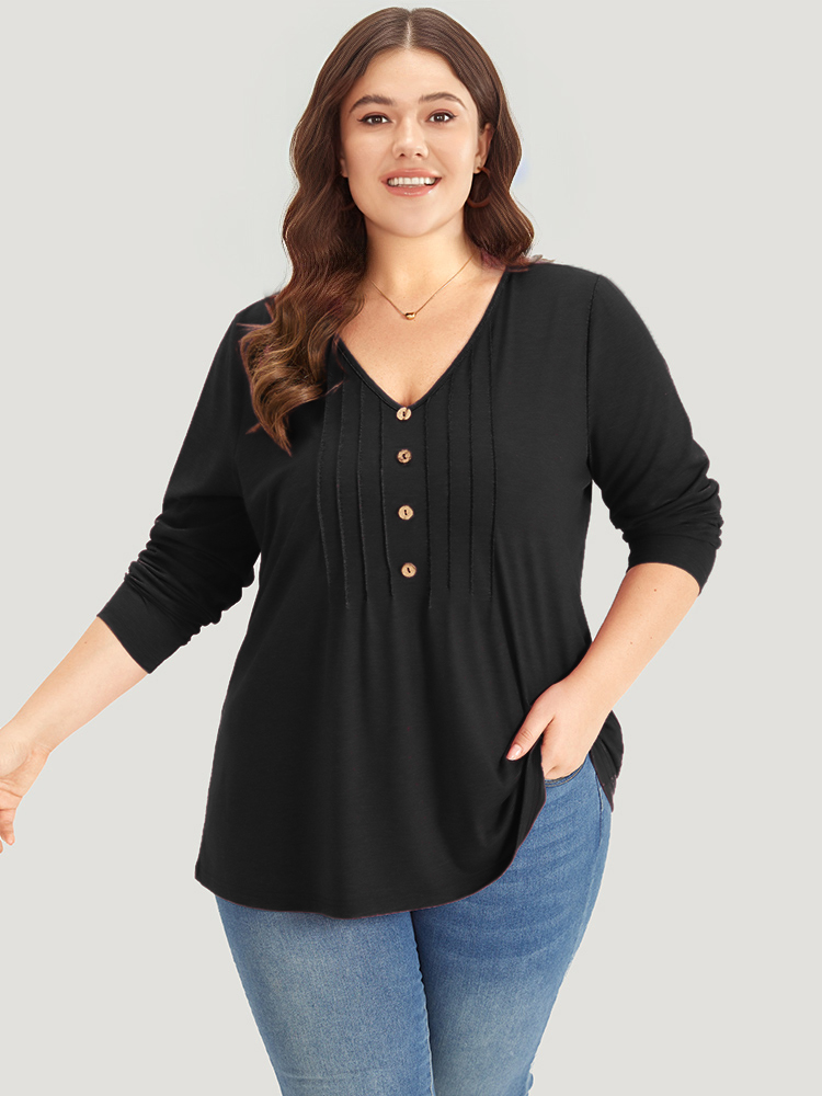 

Plus Size Plain V Neck Line Button Detail T-shirt Black V-neck Long Sleeve Casual Jersey Tops