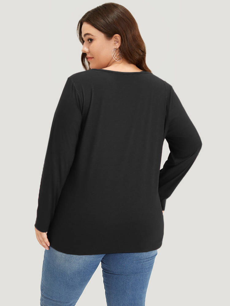 

Plus Size Plain V Neck Line Button Detail T-shirt Black V-neck Long Sleeve Casual Jersey Tops