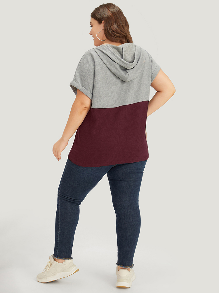 Plus Size Contrast Drawstring Button Up Hooded Roll Dolman Sleeve T-shirt Rust Women Casual Contrast Plain Hooded Dailywear T-shirts BloomChic 28/5X 