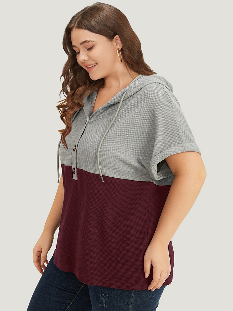 Plus Size Contrast Drawstring Button Up Hooded Roll Dolman Sleeve T-shirt Rust Women Casual Contrast Plain Hooded Dailywear T-shirts BloomChic 28/5X 