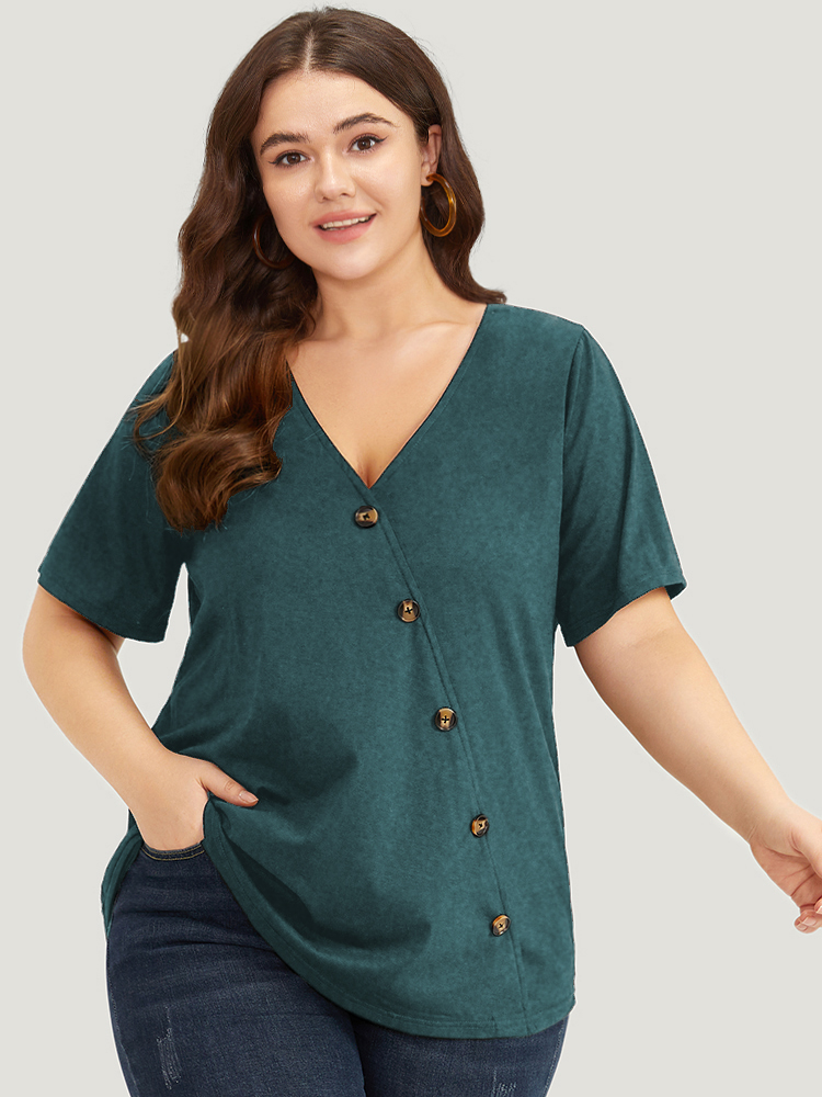 

Plus Size Plain V Neck Button Detail Flutter Sleeve T-shirt DarkGreen Women Casual Plain Plain V-neck Dailywear T-shirts BloomChic