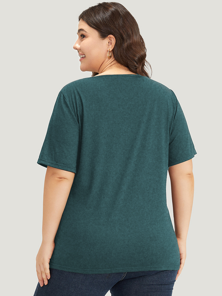 Plus Size Plain V Neck Button Detail Flutter Sleeve T-shirt DarkGreen Women Casual Plain Plain V-neck Dailywear T-shirts BloomChic 12/L 