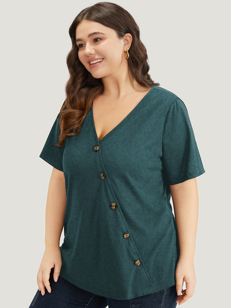 Plus Size Plain V Neck Button Detail Flutter Sleeve T-shirt DarkGreen Women Casual Plain Plain V-neck Dailywear T-shirts BloomChic 12/L 