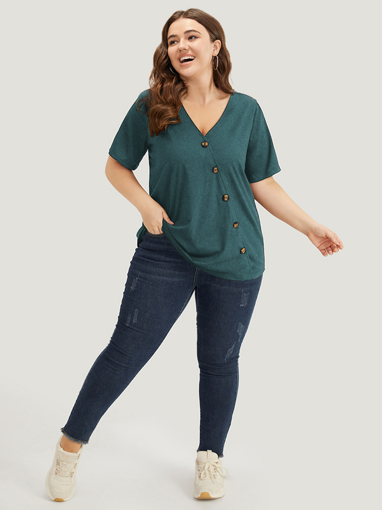 Plus Size Plain V Neck Button Detail Flutter Sleeve T-shirt DarkGreen Women Casual Plain Plain V-neck Dailywear T-shirts BloomChic 12/L 