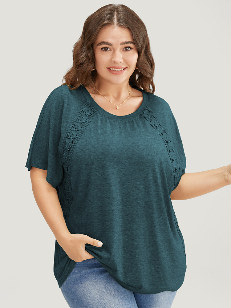 

Plus Size Solid Contrast Lace Ruffle Sleeve T-shirt DarkGreen Women Elegant Lace Plain Round Neck Everyday T-shirts BloomChic