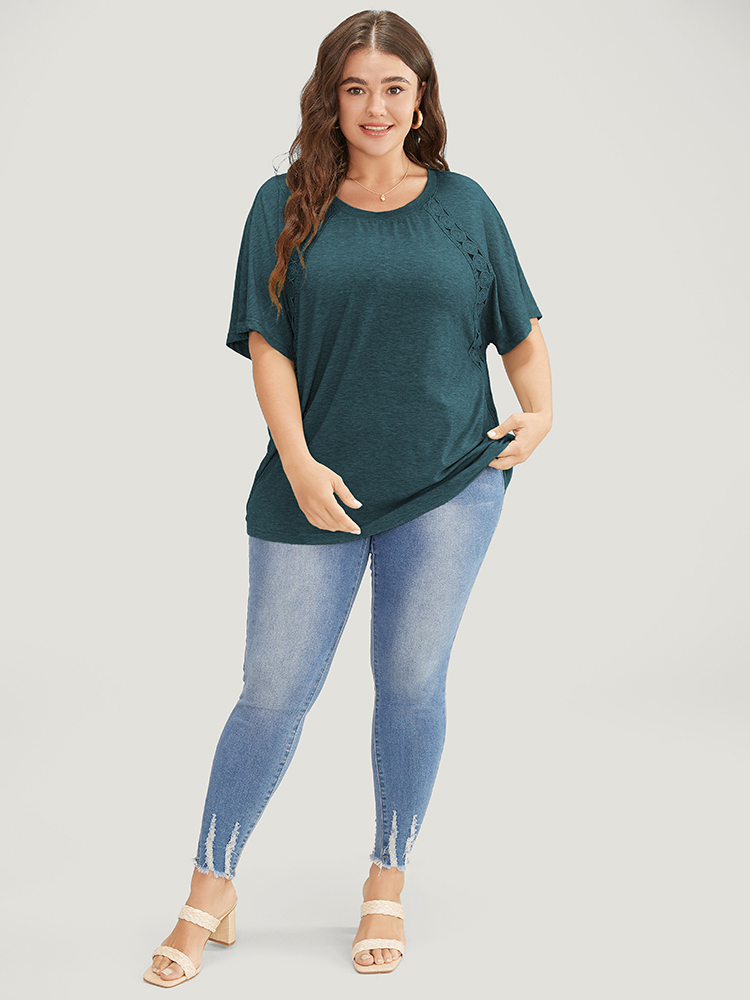 

Plus Size Solid Contrast Lace Ruffle Sleeve T-shirt DarkGreen Women Elegant Lace Plain Round Neck Everyday T-shirts BloomChic