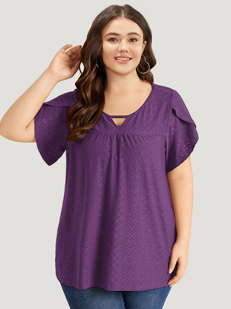 

Plus Size Plain Geometric Eyelet Keyhole Petal Sleeve T-shirt Eggplant Keyhole Cut-Out Short sleeve Elegant Jersey Tops