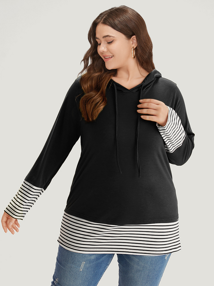 Plus Size Striped Patchwork Hooded Drawstring T-shirt Black Women Casual Patchwork Striped Hooded Dailywear T-shirts BloomChic 18-20/2X 