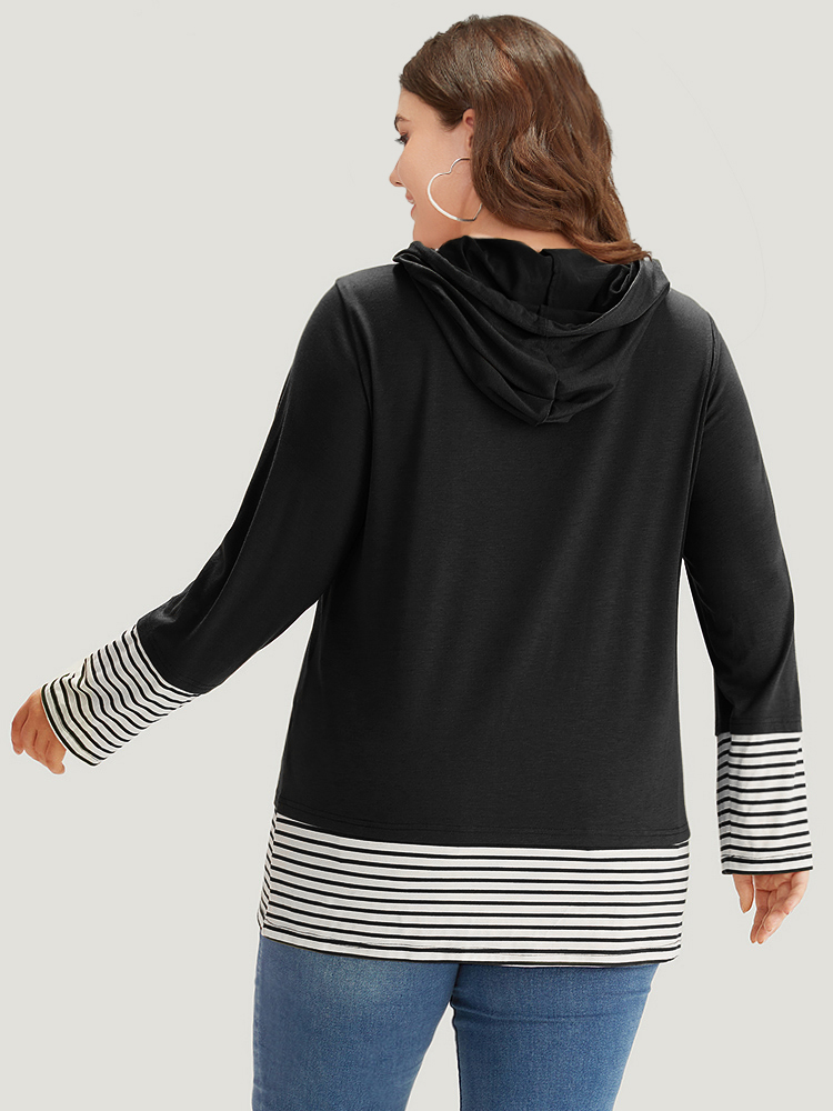 Plus Size Striped Patchwork Hooded Drawstring T-shirt Black Women Casual Patchwork Striped Hooded Dailywear T-shirts BloomChic 18-20/2X 