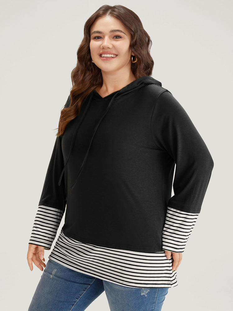 

Plus Size Striped Patchwork Hooded Drawstring T-shirt Black Women Casual Patchwork Striped Hooded Dailywear T-shirts BloomChic