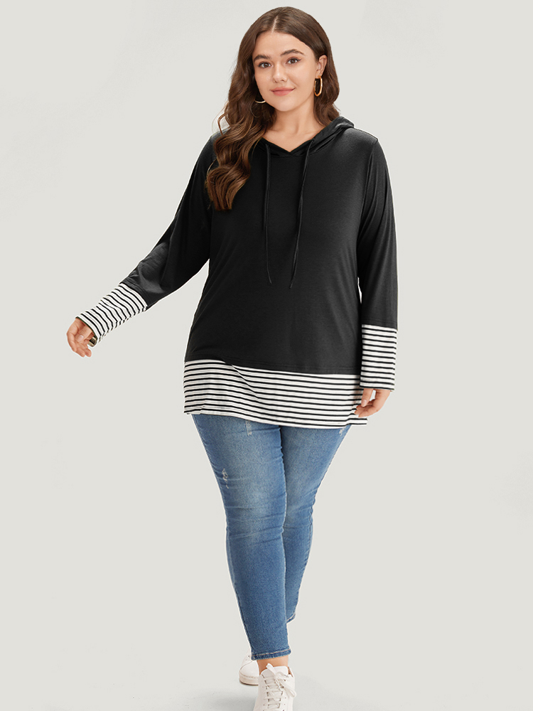 Plus Size Striped Patchwork Hooded Drawstring T-shirt Black Women Casual Patchwork Striped Hooded Dailywear T-shirts BloomChic 18-20/2X 