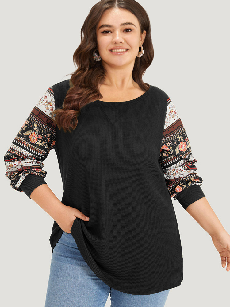 

Plus Size Boho Print Patchwork Crew Neck Sweatshirt Women Black Casual Elastic cuffs Round Neck Everyday Sweatshirts BloomChic