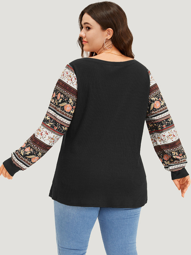 Plus Size Boho Print Patchwork Crew Neck Sweatshirt Women Black Casual Elastic cuffs Round Neck Everyday Sweatshirts BloomChic 28/5X 