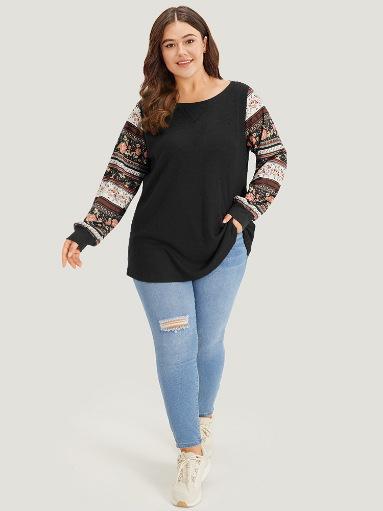 Plus Size Boho Print Patchwork Crew Neck Sweatshirt Women Black Casual Elastic cuffs Round Neck Everyday Sweatshirts BloomChic 28/5X 