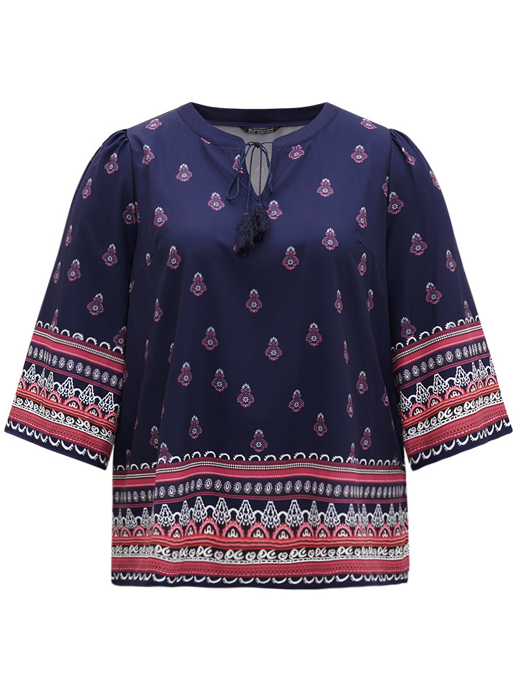 Plus Size Women Vacation Bohemian Print Printed Regular Sleeve Elbow-length sleeve V-neck Vacation Blouses BloomChic 