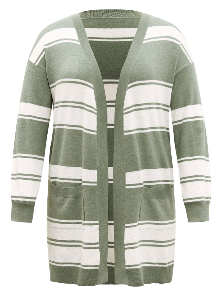 Plus Size Cardigans | Striped Patchwork Open Front Pocket Cardigan | BloomChic 