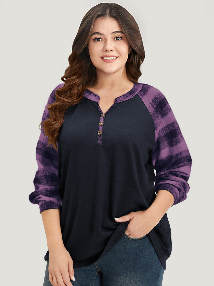 

Plus Size Plaid Patchwork Notched Button Detail Sweatshirt Women Purple Casual Patchwork Notched collar Everyday Sweatshirts BloomChic