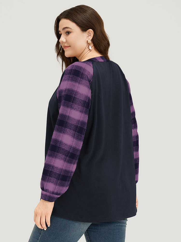 Plus Size Plaid Patchwork Notched Button Detail Sweatshirt Women Purple Casual Patchwork Notched collar Everyday Sweatshirts BloomChic 26/4X 