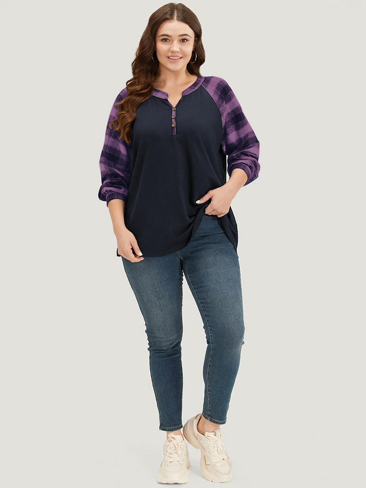 Plus Size Plaid Patchwork Notched Button Detail Sweatshirt Women Purple Casual Patchwork Notched collar Everyday Sweatshirts BloomChic 26/4X 