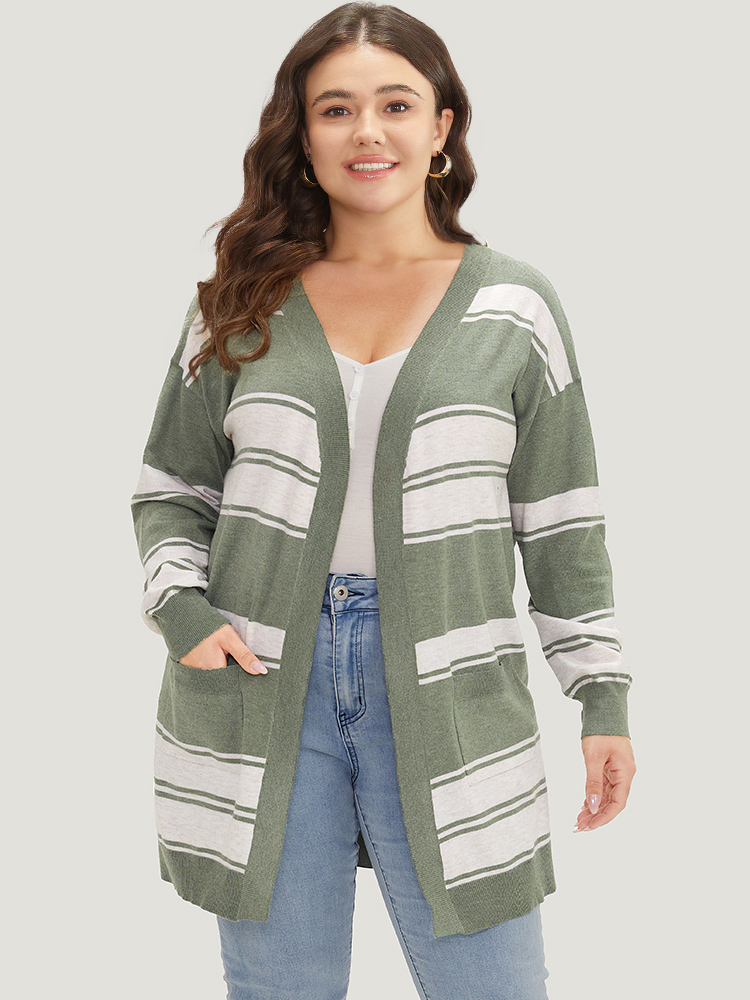 Plus Size Cardigans | Striped Patchwork Open Front Pocket Cardigan | BloomChic 