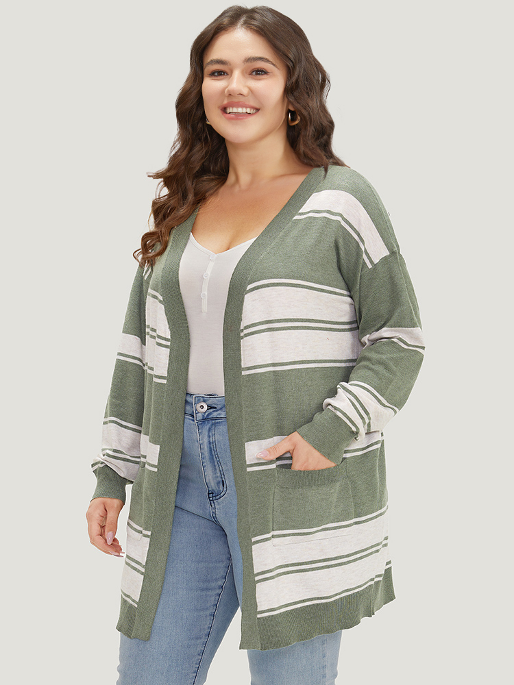 Plus Size Cardigans | Striped Patchwork Open Front Pocket Cardigan | BloomChic 