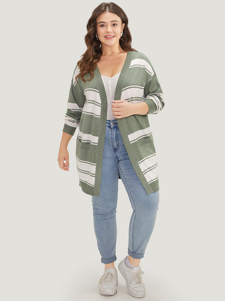 Plus Size Cardigans | Striped Patchwork Open Front Pocket Cardigan | BloomChic 