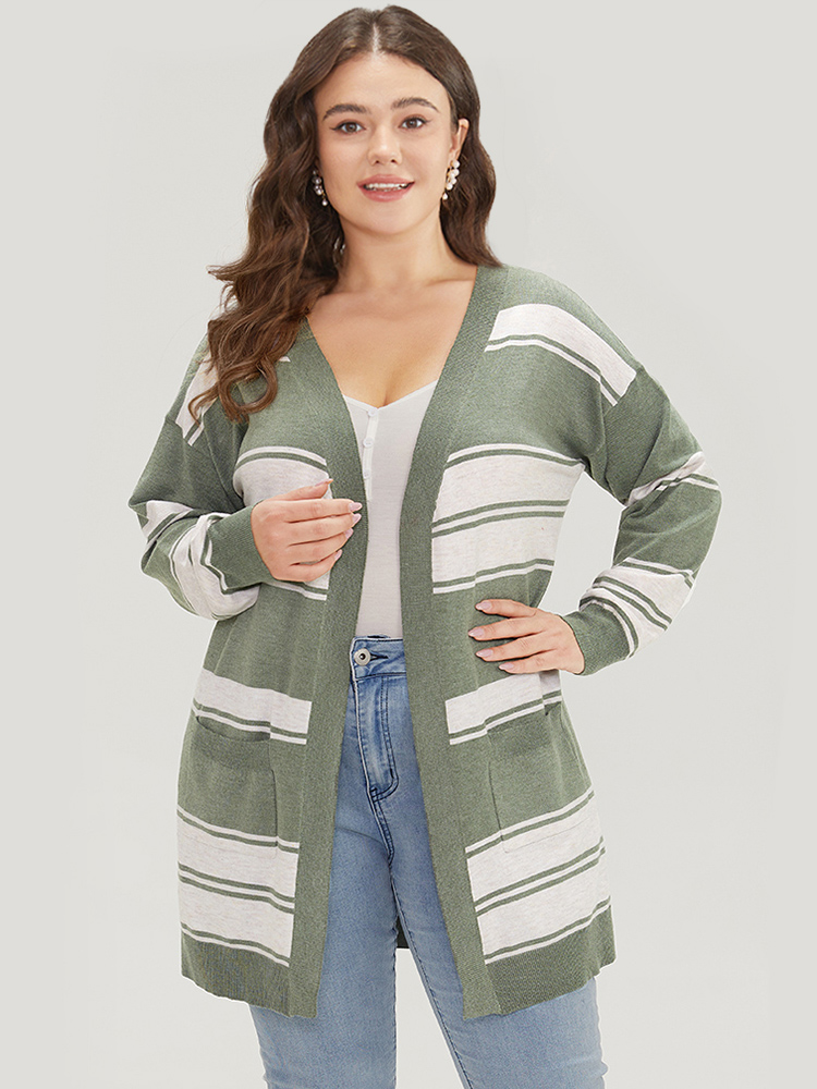 Plus Size Cardigans | Striped Patchwork Open Front Pocket Cardigan | BloomChic 