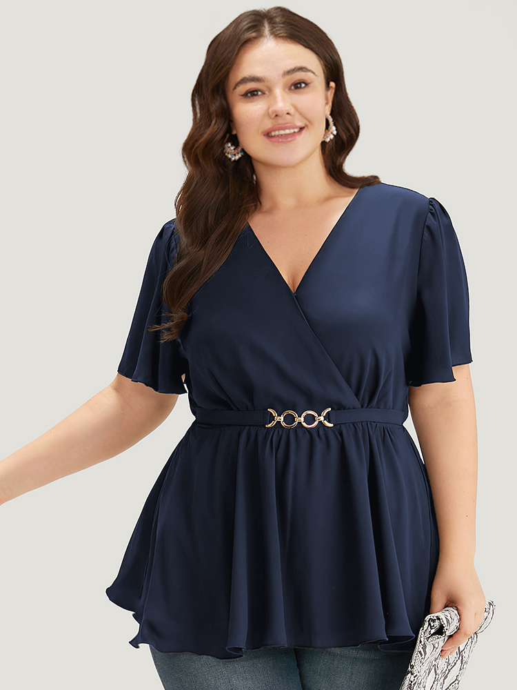 

Plus Size Indigo Anti-Wrinkle Plain Wrap Metal Detail Gathered Flutter Sleeve Blouse Women Office Short sleeve V-neck Work Blouses BloomChic