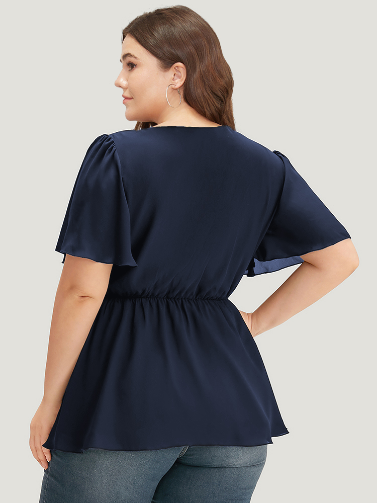 

Plus Size Indigo Anti-Wrinkle Plain Wrap Metal Detail Gathered Flutter Sleeve Blouse Women Office Short sleeve V-neck Work Blouses BloomChic