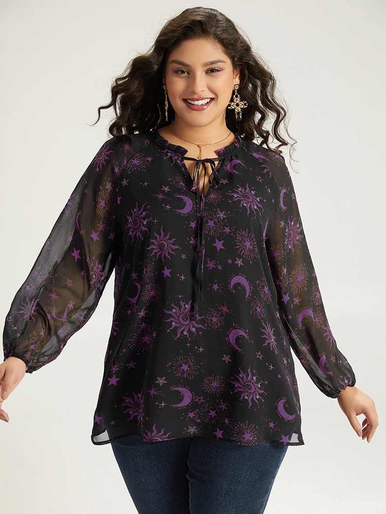 

Plus Size Purple Halloween Moon & Star Print Tie Neck Mesh Lantern Sleeve Blouse Women Elegant Long Sleeve Tie Neck Festival-Halloween Blouses BloomChic