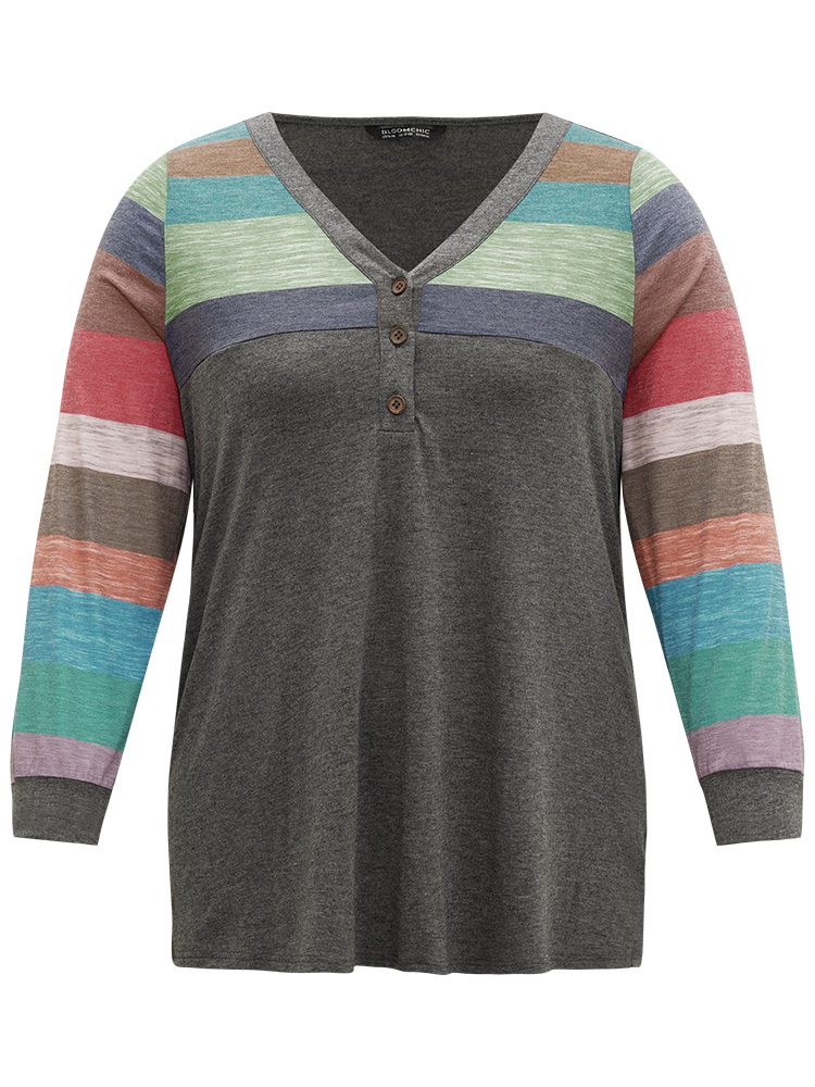 

Plus Size Colorblock Contrast V Neck Button Up T-shirt Multicolor Women Casual Elastic cuffs Striped V-neck Everyday T-shirts BloomChic