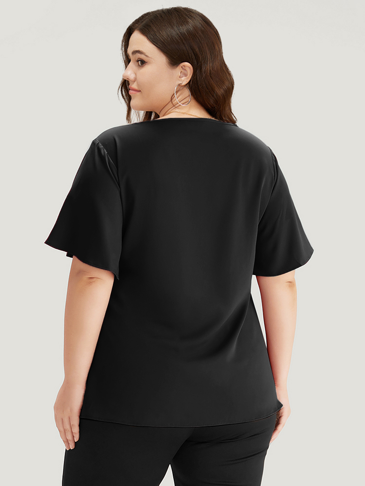 

Plus Size Black Plain Ruffle Sleeve Cut Out Blouse Women Office Short sleeve Keyhole Cut-Out Work Blouses BloomChic