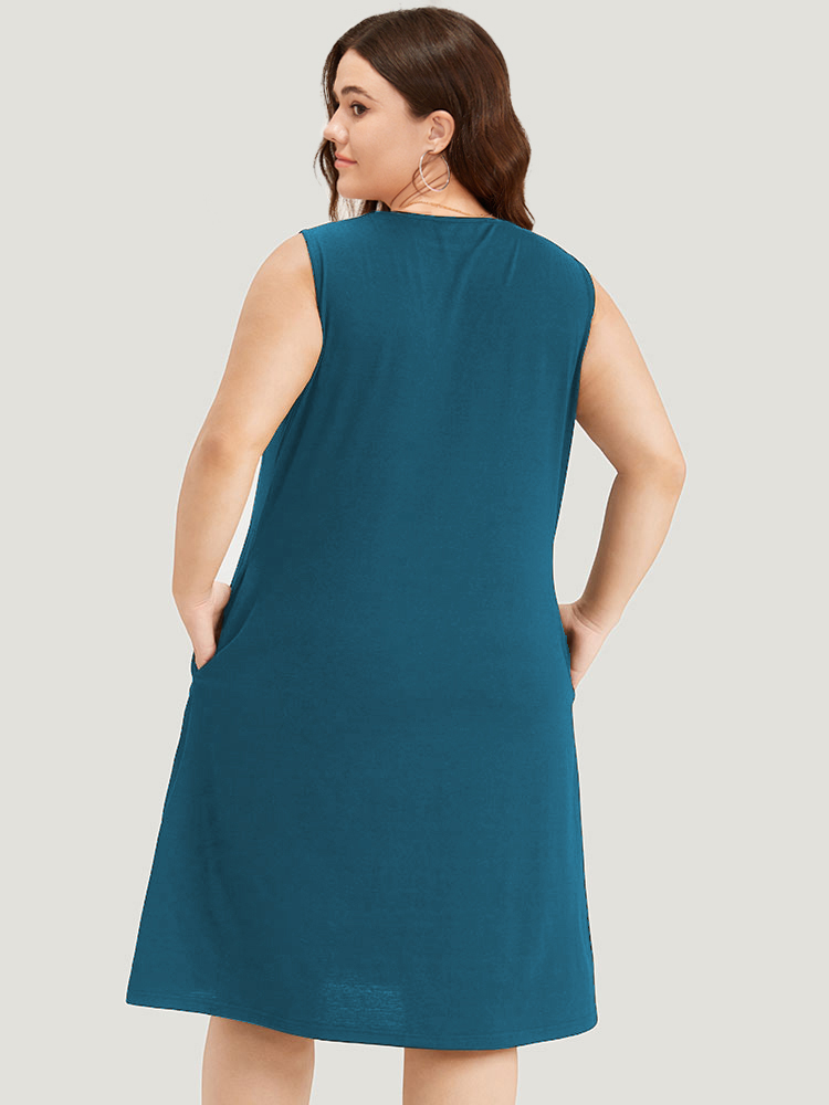 

Plus Size Embroidered Pocket Patchwork Tank Midi Dress Aegean Women Casual Plain Round Neck Sleeveless Curvy Knee Dress BloomChic