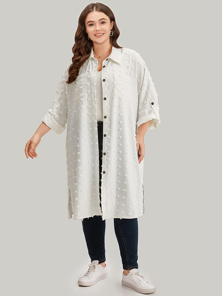 

Plus Size Solid Button Through Tab Sleeve Split Hem Coat Women White Casual Plain Loose Ladies Dailywear Winter Coats BloomChic