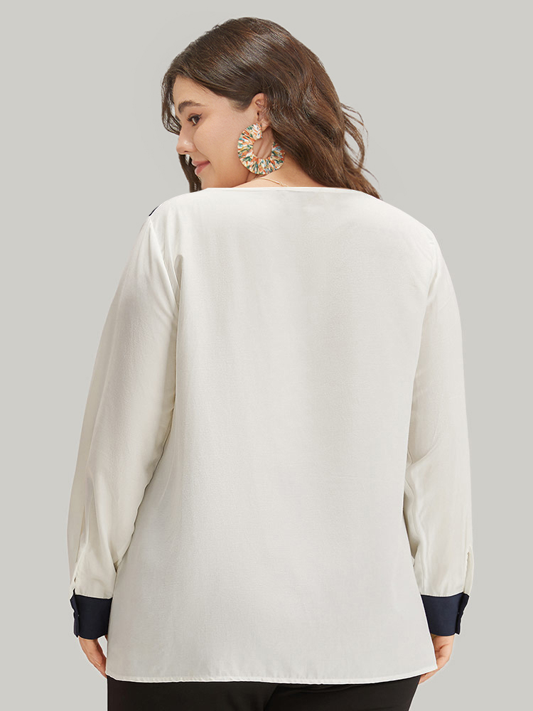 Plus Size Women Work Plain Pleated Regular Sleeve Long Sleeve V-neck Office Blouses BloomChic 