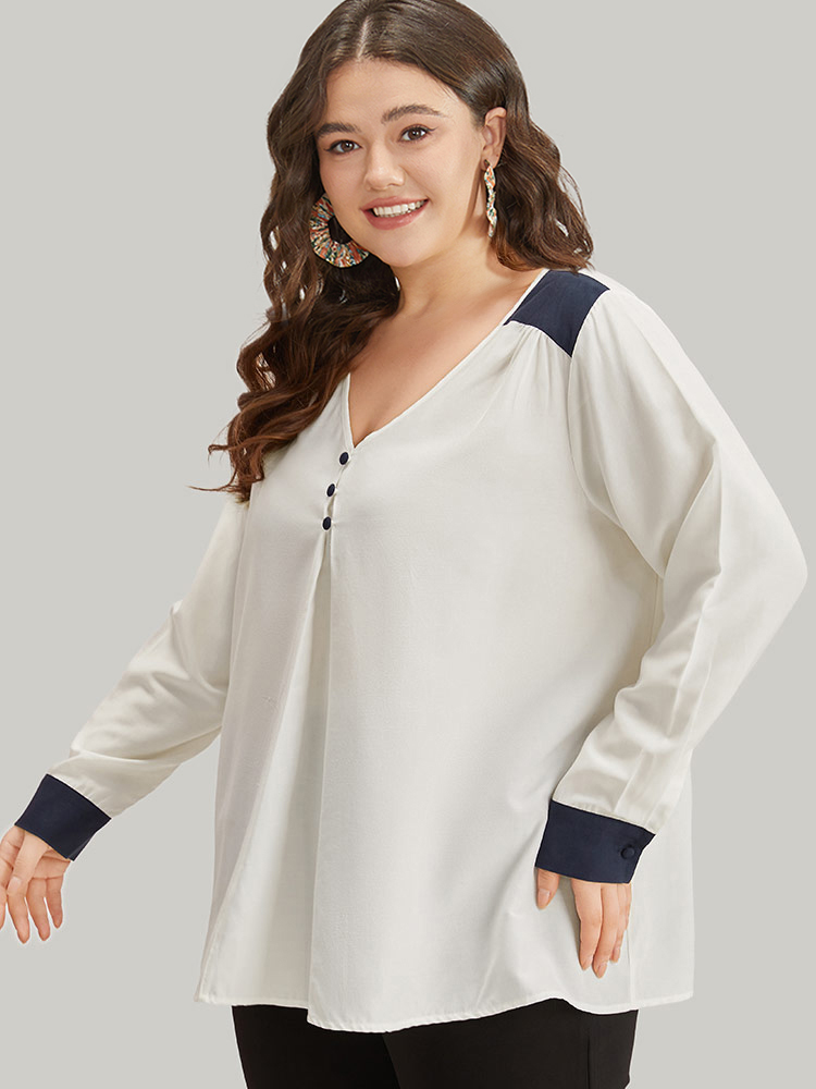 Plus Size Women Work Plain Pleated Regular Sleeve Long Sleeve V-neck Office Blouses BloomChic 
