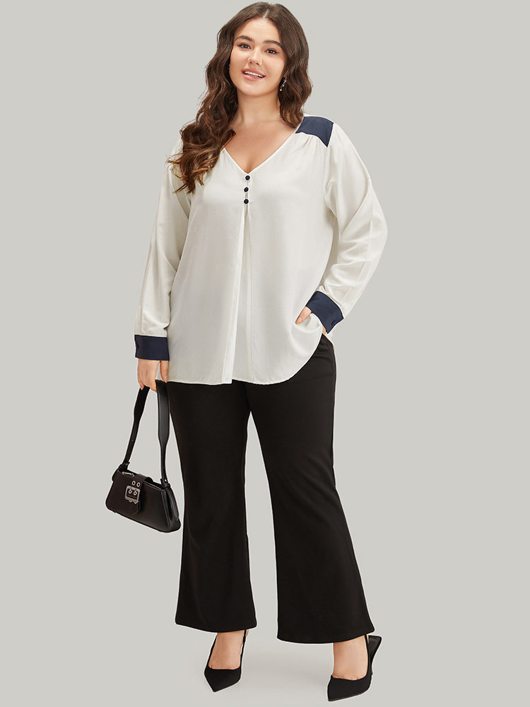 Plus Size Women Work Plain Pleated Regular Sleeve Long Sleeve V-neck Office Blouses BloomChic 