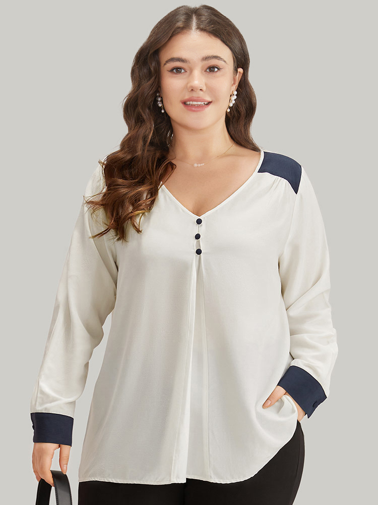 Plus Size Women Work Plain Pleated Regular Sleeve Long Sleeve V-neck Office Blouses BloomChic 
